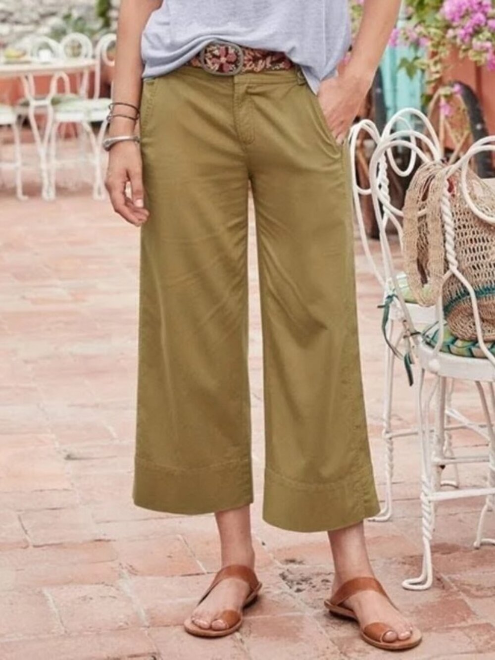Sundance Au Courant Cotton Linen Wide Leg Khaki‎ Cropped Pants Size 2